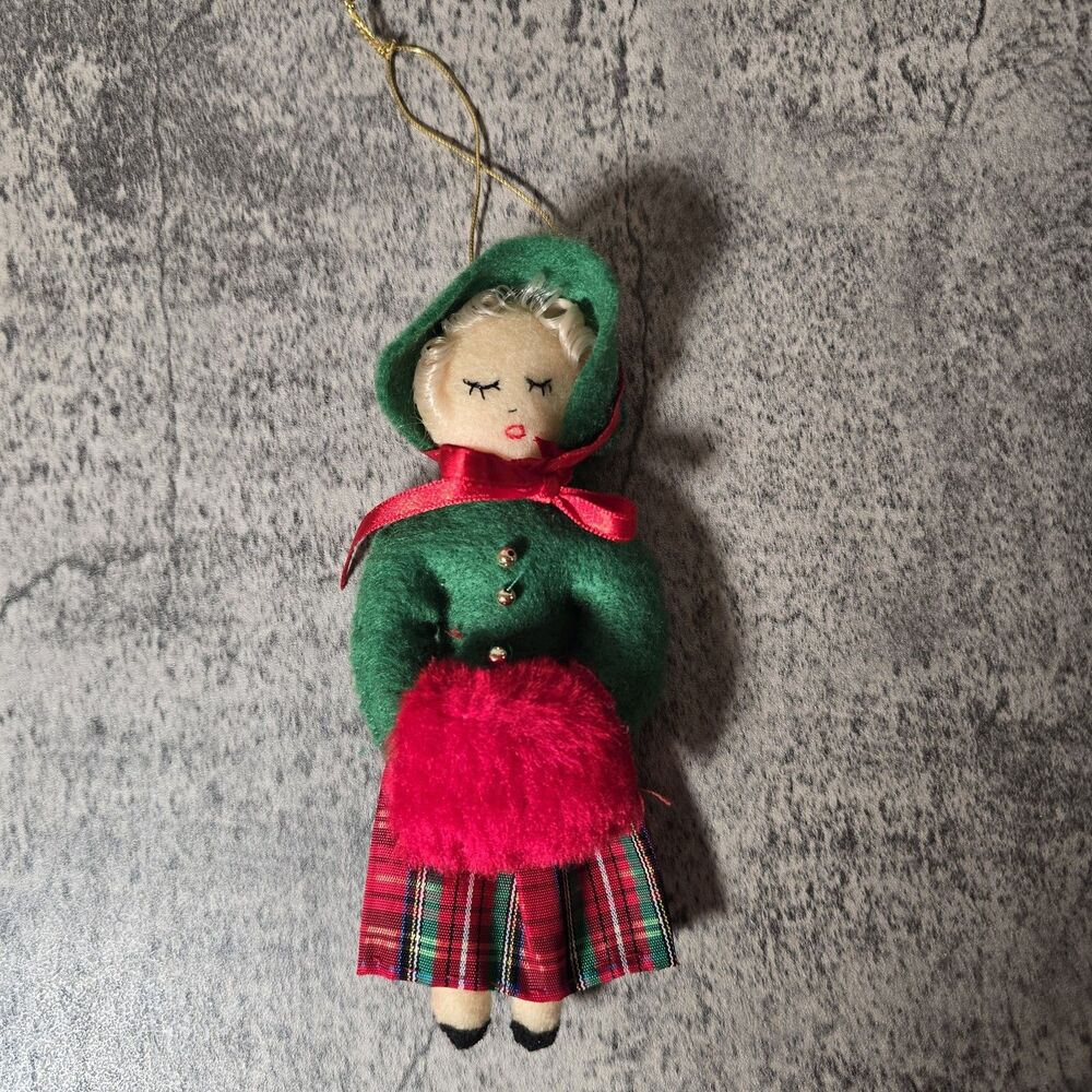Vtg Christmas Ornament Homemade Green Red Felt Caroler 6” Blonde Village OOAK